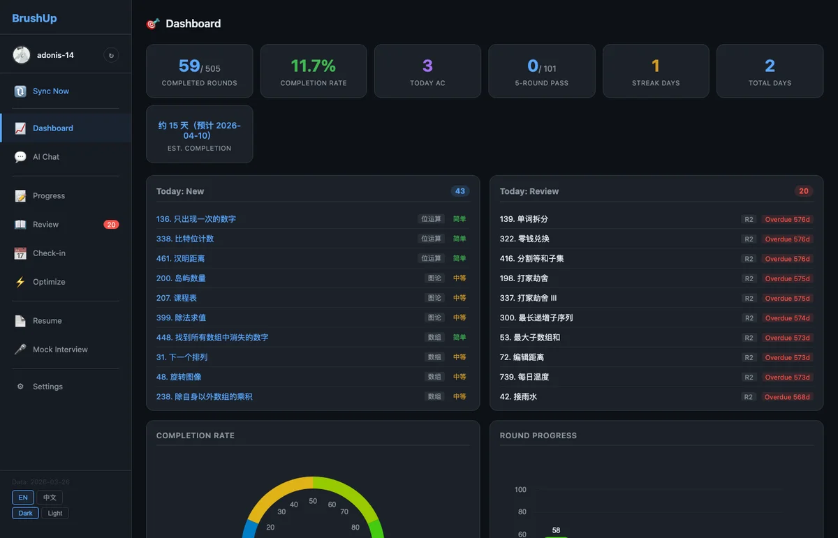 BrushUp 仓库提供的 Dashboard 实际界面截图