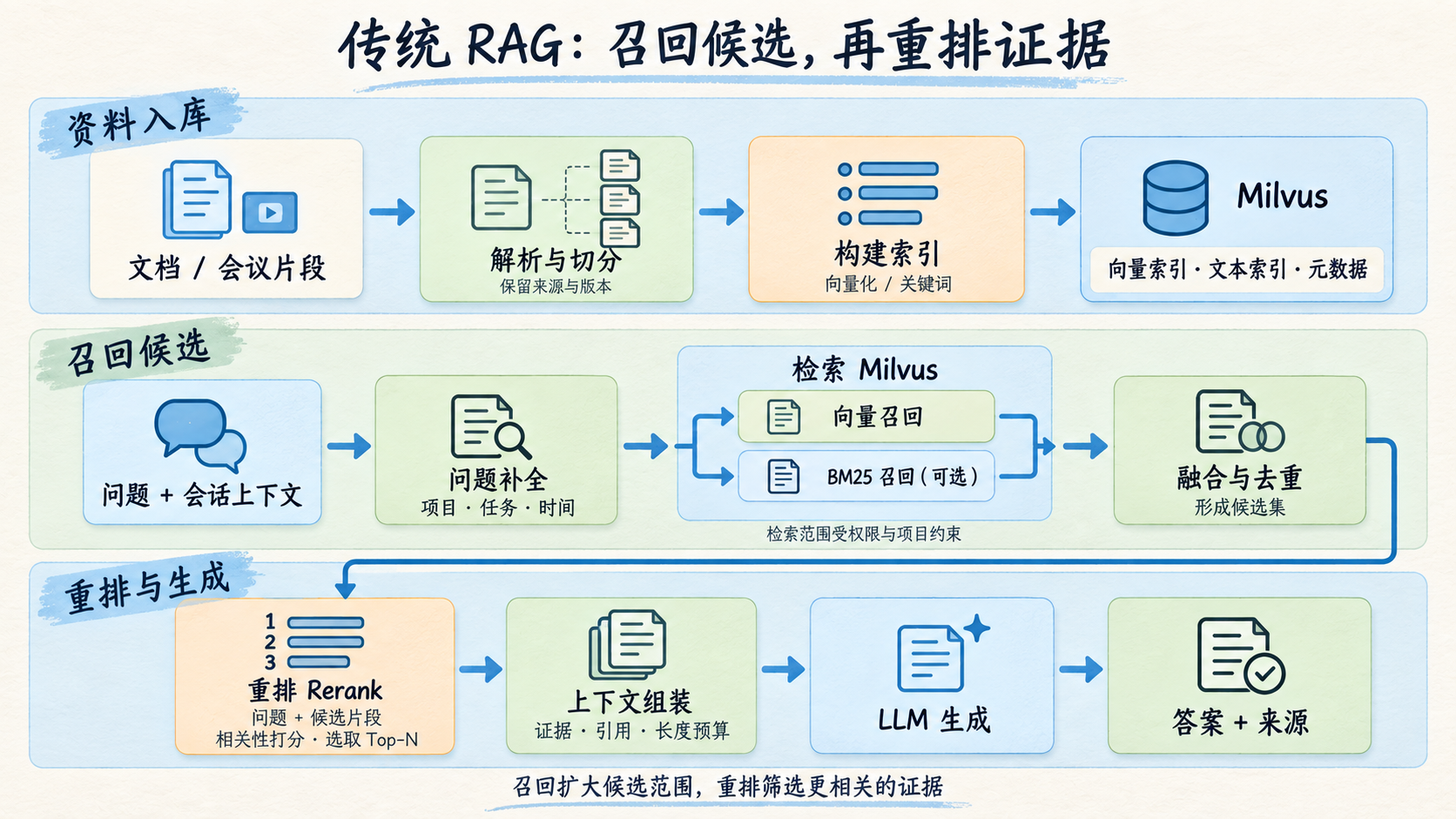 传统 RAG 的入库、召回、重排与生成流程