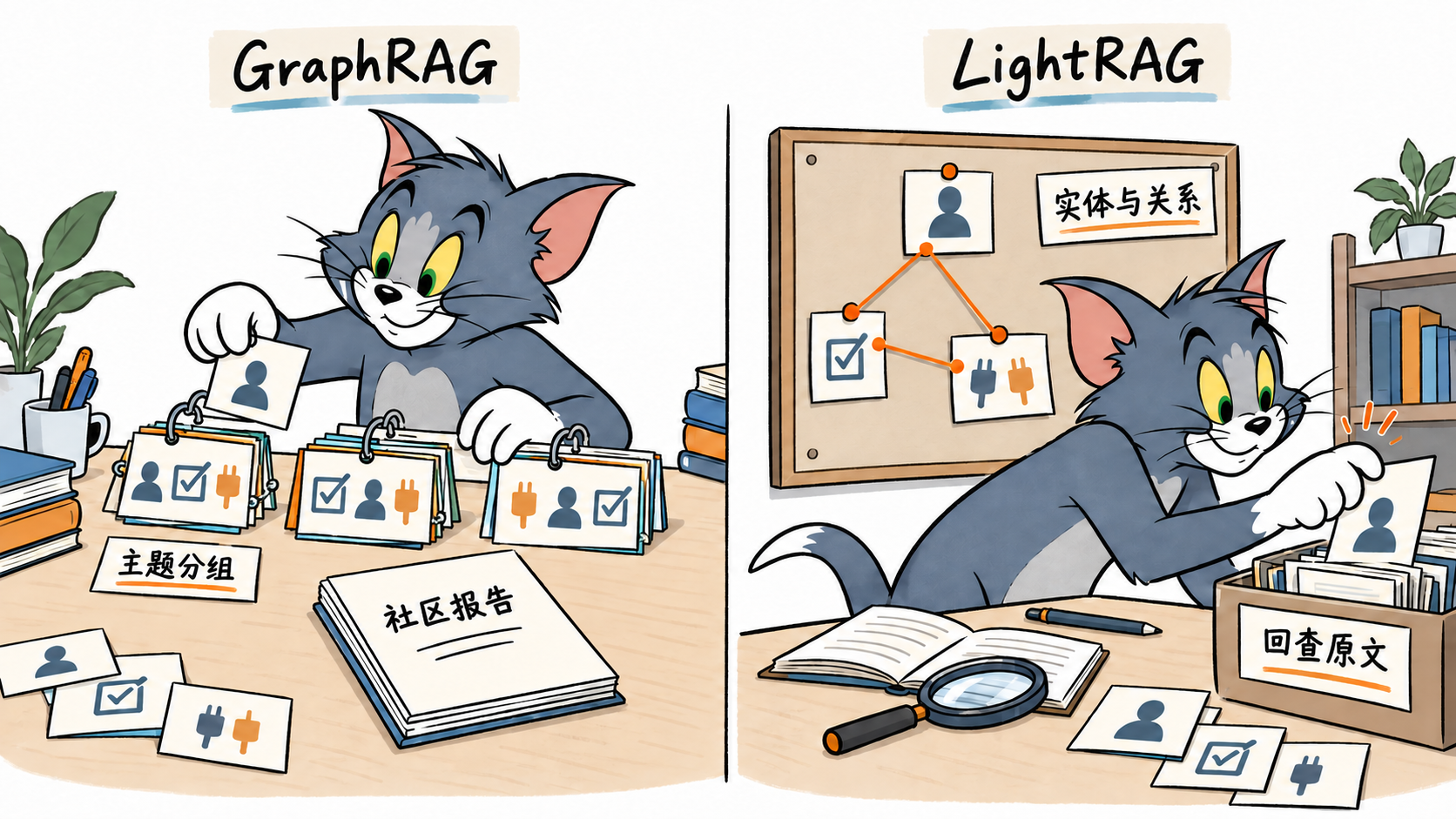 Tom 对比两种做法:GraphRAG 整理主题与社区报告,LightRAG 查找实体关系并回取原文